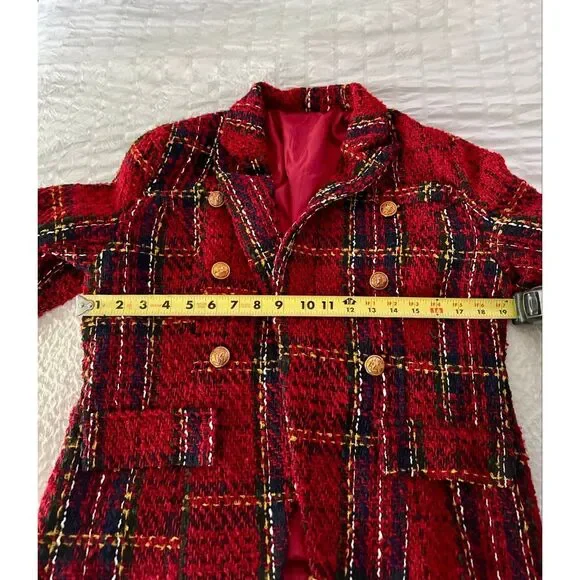 Red Tweed Style Open Front Jacket-Gold Button Detail Bouclé Knit Blazer |Medium - Picture 8 of 12